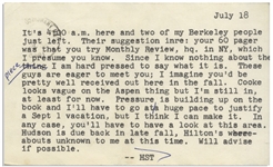 Hunter S. Thompson 1965 Letter With Handwritten Annotations -- Thompson References His Hell's Angels Book: ''...Pressure is building up on the book and I'll have to go at a huge pace...''